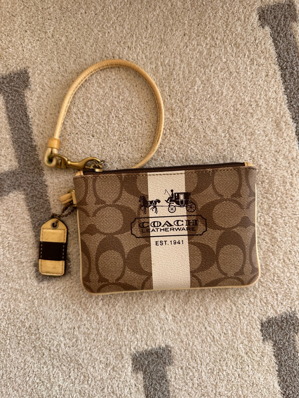 Coach Brown and Cream Signature Zip Wristlet with Gold Hardware